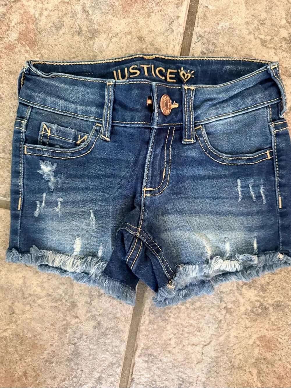 Justice Girls Frayed Hem Distressed Denim Shorts - Dark Blue